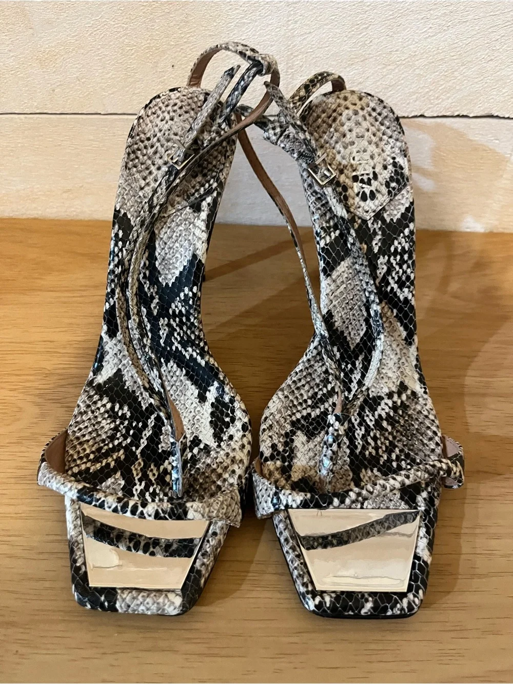 SCHUTZ Snakeskin Print Strappy Heels in Black and Cream